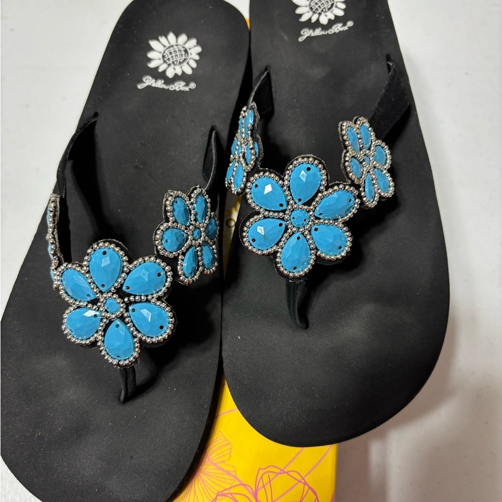 Yellow Box Black Sandals with Blue Floral Embellishments